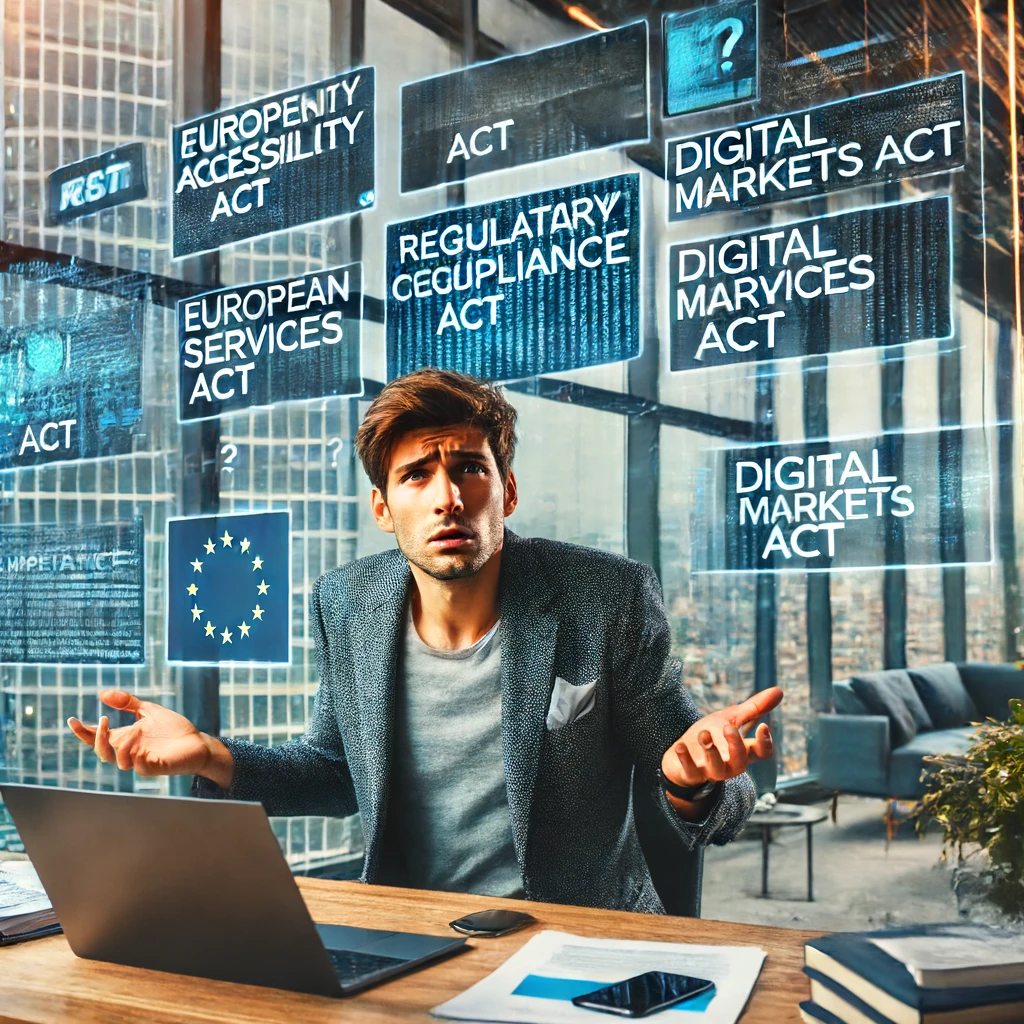 Illustration eines verwirrten Geschäftsmanns am Laptop, umgeben von schwebenden Texttafeln mit Begriffen wie European Accessibility Act, Digital Services Act und Digital Markets Act sowie einer EU-Flagge.