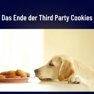 Ein Hund blickt sehnsüchtig auf einen Teller mit Keksen, darüber der Schriftzug 'Das Ende der Third Party Cookies'