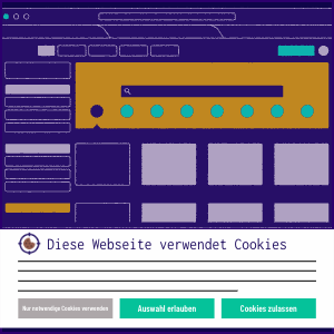 Mockup eines Browserfensters mit einem Cookie-Consent-Banner und den Optionen „Nur notwendige Cookies verwenden“, „Auswahl erlauben“ und „Cookies zulassen“.