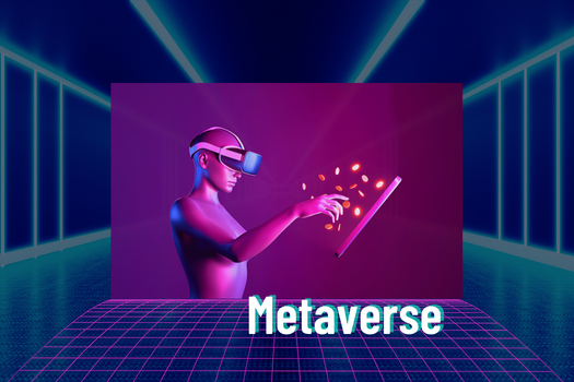 Illustration einer Person mit VR-Brille, die in einer futuristischen Neonwelt nach schwebenden Münzen vor einem Bildschirm greift, darunter der Schriftzug „Metaverse“.