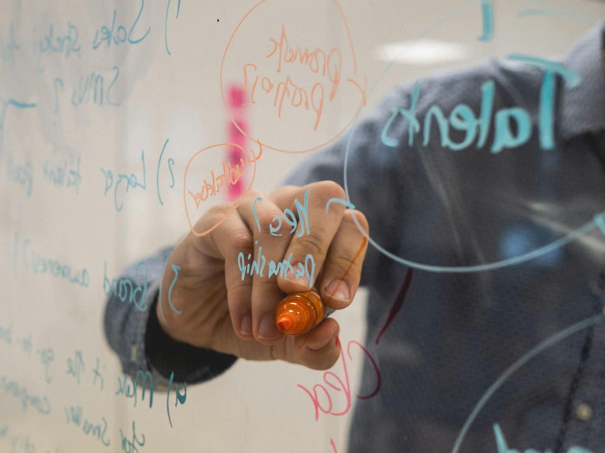 Person writing on a glass whiteboard covered with diagrams and sticky notes