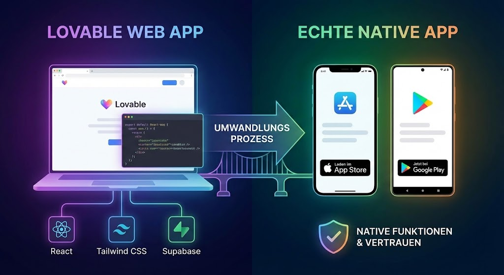 Grafik im Vergleich: links die Lovable-Web-App im Browser mit React-, Tailwind- und Supabase-Logos, rechts die native App auf iPhone und Android-Smartphone im App Store und bei Google Play