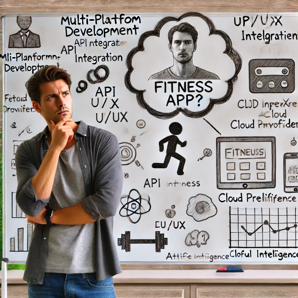 Illustration eines nachdenklichen Geschäftsmanns vor einem Whiteboard voller Fachbegriffe wie Multi-Plattform-Entwicklung, API-Integration und UI/UX, mit einer Denkblase zum Thema Fitness-App