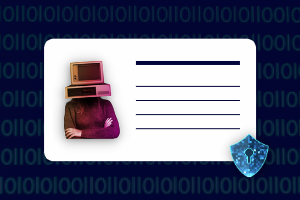 Illustration einer digitalen ID-Karte mit einer Person, deren Kopf durch einen Computerbildschirm ersetzt ist, umgeben von Binärcode und einem Sicherheits-Symbol