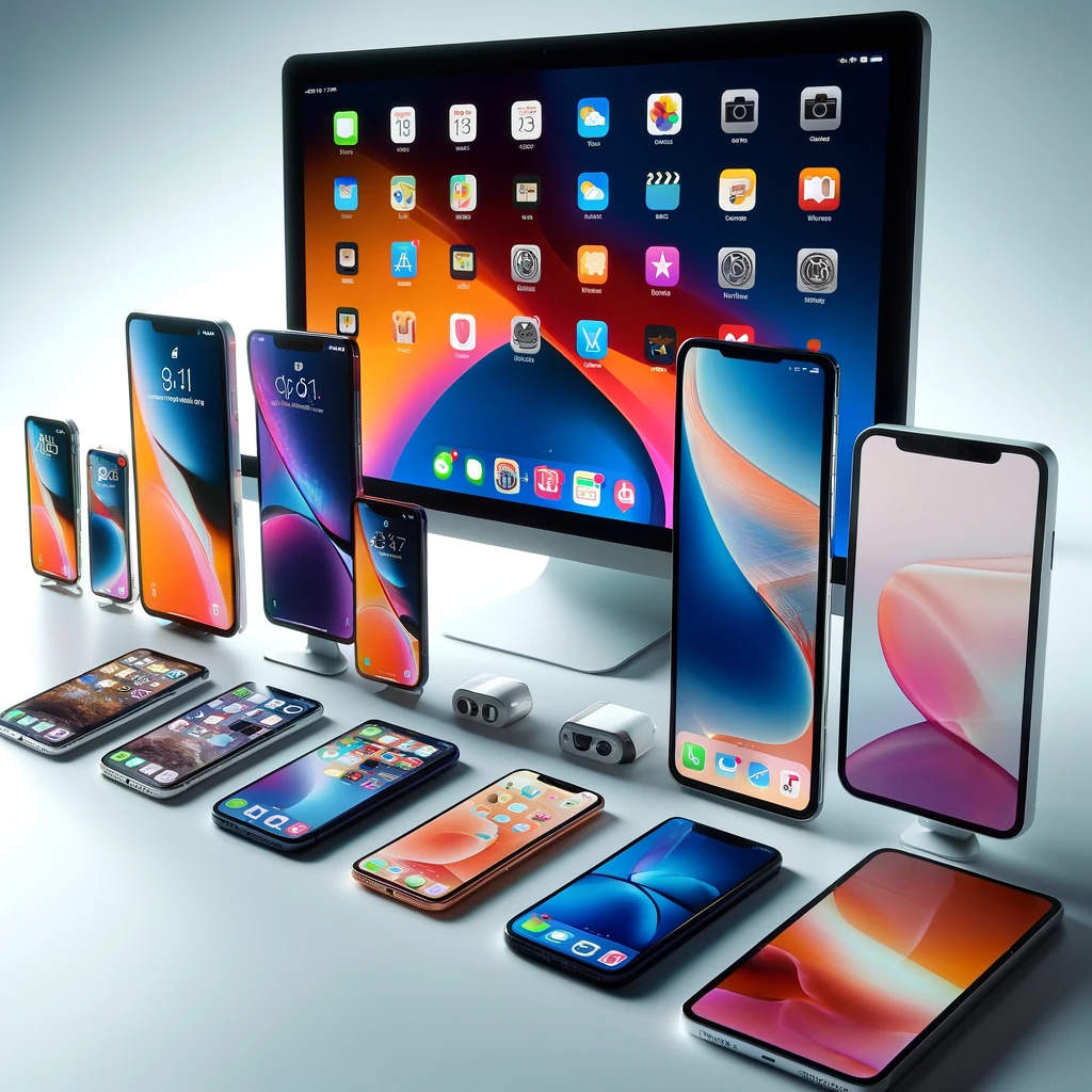 Zusammenstellung mehrerer Smartphones und ein Desktop-Monitor mit bunten App-Icons, die eine Multi-Plattform-App auf verschiedenen Geräten symbolisieren