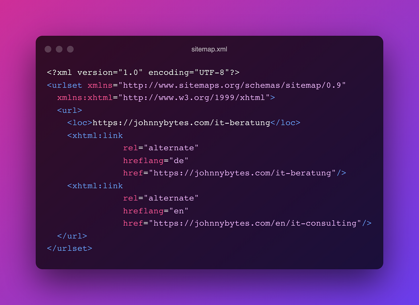 Code editor showing an example sitemap.xml file with hreflang alternate links for German and English page versions.